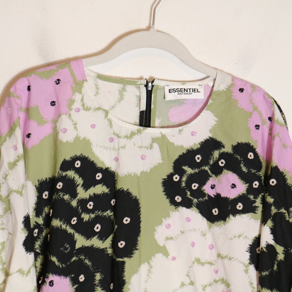 Essentiel Antwerp Fulberry Khaki Lilac Puff Sleeve Floral Blouse XS Preppy Artsy - Picture 3 of 10